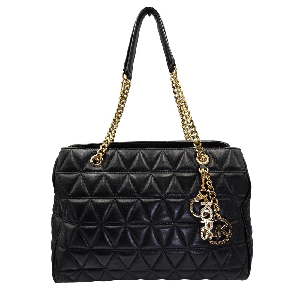 Michael Kors Black Quilted Leather Chain Shoulder Bag Tote Gold MK Charm